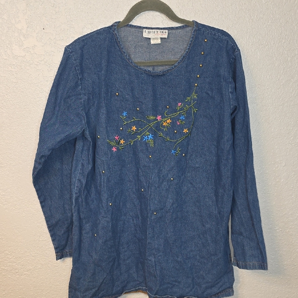 Floral Embroidered Denim Long Sleeve Top